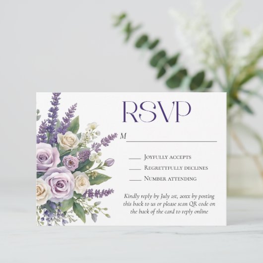 Elegant Purple Lavender Roses Wedding QR Code 出欠カード (スタンド正面)