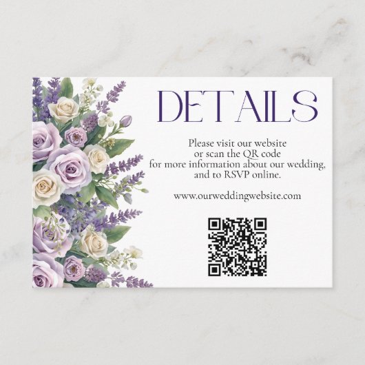 Elegant Purple Lavender Roses Wedding Website QR エンクロージャーカード (正面)