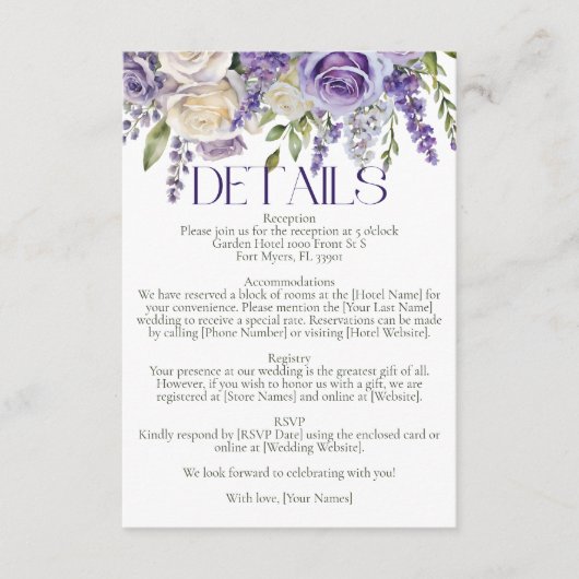 Elegant Purple Lavender White Roses Wedding Detail エンクロージャーカード (正面)