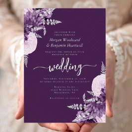 Elegant Purple Lilac Silver Floral Wedding 箔招待状