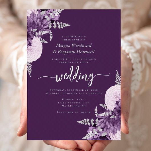 Elegant Purple Lilac Silver Floral Wedding 箔招待状