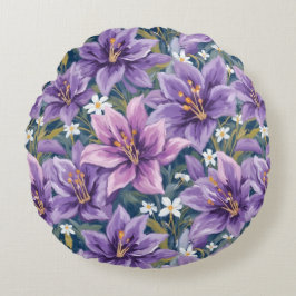 Elegant Purple Lily Floral Oil Painting ラウンドクッション