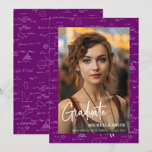 Elegant Purple Math Handwritten Photo Graduation  案内状 (正面/裏面)