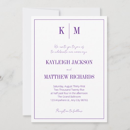 Elegant Purple Monogram Wedding  招待状 (正面)