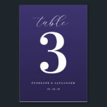 Elegant Purple Number Table Sign テーブルナンバー<br><div class="desc">This elegant wedding table card features a minimalist design with a deep purple background and crisp white text. The layout centers around a large, bold serif number "3, " complemented by cursive script for the word "table" at the top and clean sans-serif fonts for customizable names and date below. The...</div>