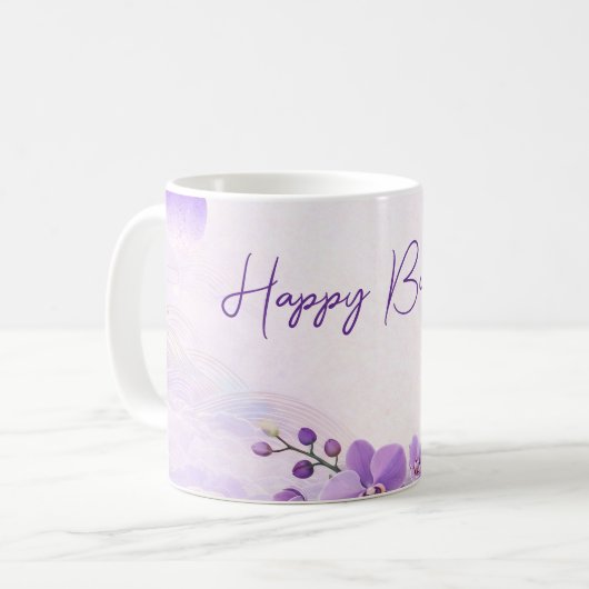 Elegant Purple Orchid Birthday Mug コーヒーマグカップ (正面左)