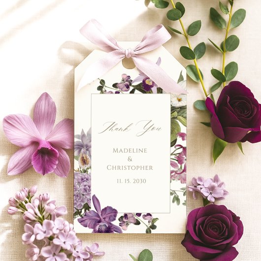 Elegant Purple Orchid Floral Wedding Thank You ギフトタグ