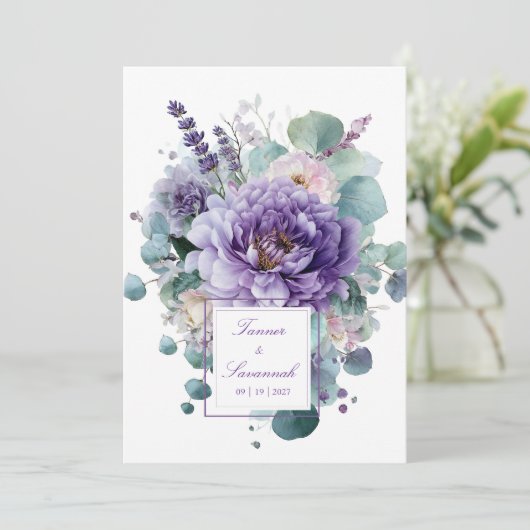 Elegant Purple Peony Lavender Eucalyptus 招待状 (スタンド正面)