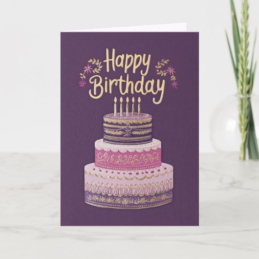 Elegant Purple, Pink & Gold Birthday Cake カード (正面)