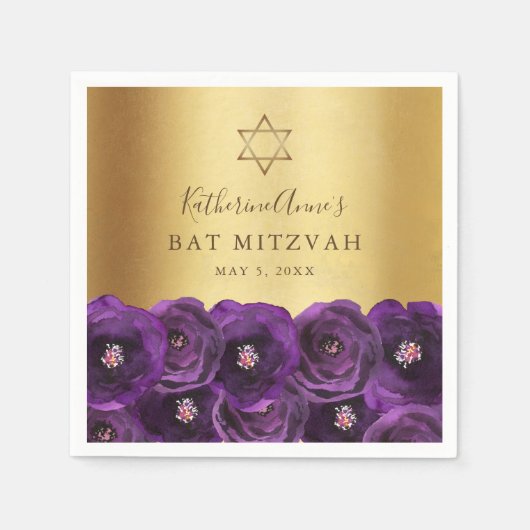 Elegant Purple Rose Floral Gold Bat Mitzvah スタンダードカクテルナプキン (正面)