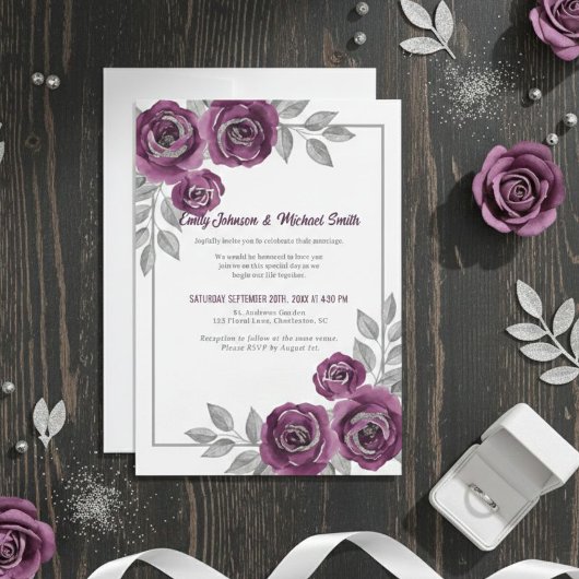 Elegant Purple Roses and Silver Glitter Wedding  招待状