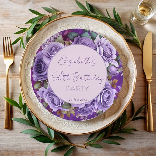 Elegant purple roses birthday party monogrammed ペーパープレート