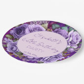 Elegant purple roses birthday party monogrammed ペーパープレート (アングル)