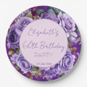 Elegant purple roses birthday party monogrammed ペーパープレート (正面)