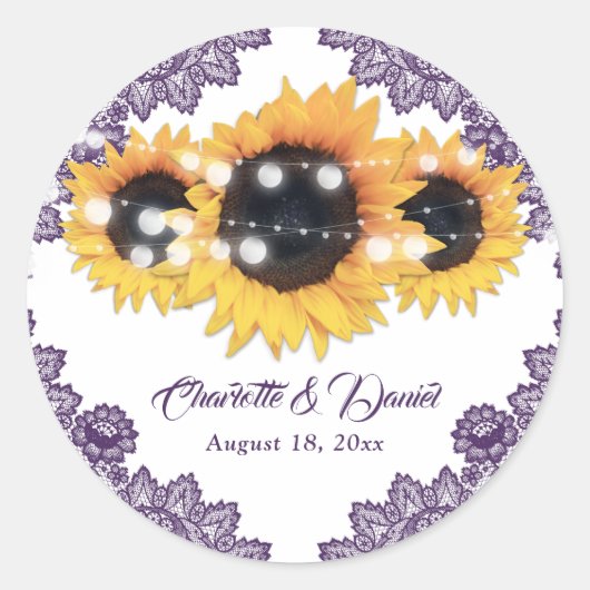 Elegant Purple Rustic FloralLace Sunflower Wedding ラウンドシール (正面)