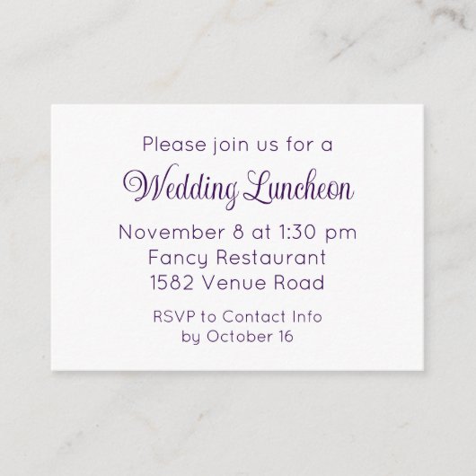 Elegant Purple Script Wedding Event Invitation エンクロージャーカード (正面)
