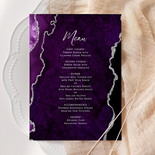 Elegant Purple Silver Agate Wedding Menu メニュー