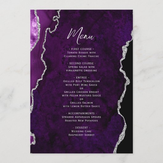 Elegant Purple Silver Agate Wedding Menu メニュー (正面)