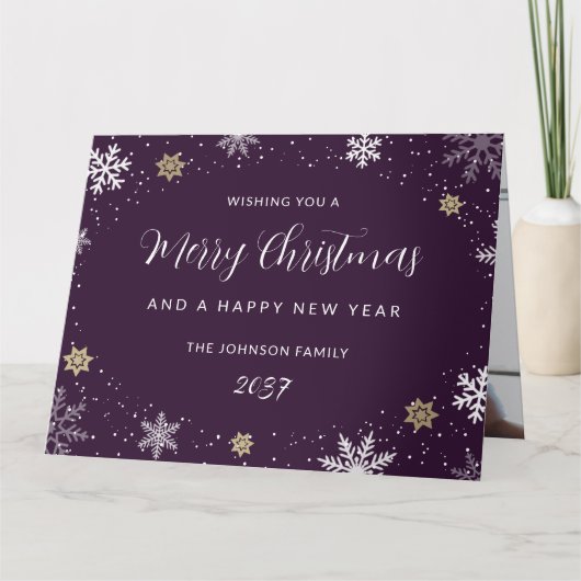 Elegant Purple Snowflakes Photo Holiday Card カード (正面)
