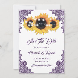 Elegant Purple Sunflower Floral Lace Wedding セーブザデート
