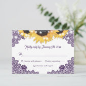 Elegant Purple Sunflower Floral Lace Wedding 出欠カード (スタンド正面)