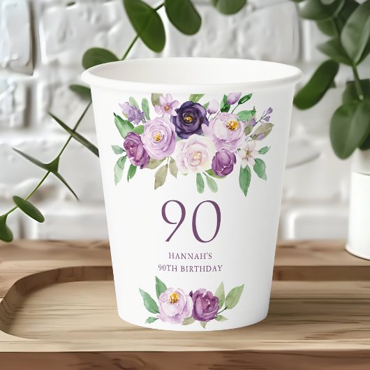 Elegant Purple | Violet Floral 90th Birthday  紙コップ