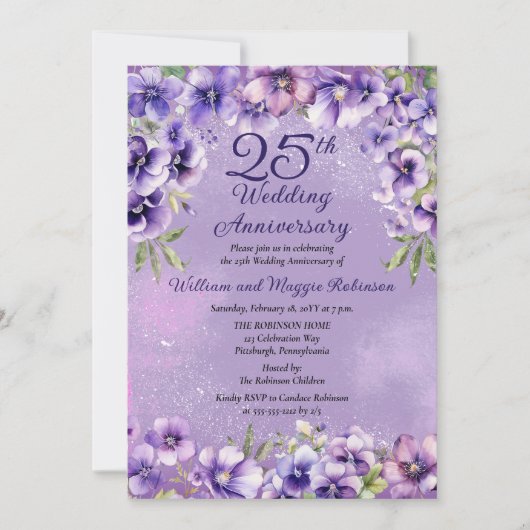 Elegant Purple Violets 25th Wedding Anniversary  招待状 (正面)