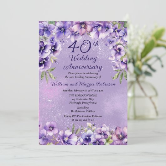 Elegant Purple Violets 40th Wedding Anniversary  招待状 (スタンド正面)