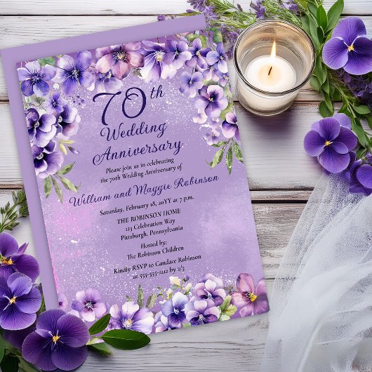Elegant Purple Violets 70th Wedding Anniversary  招待状