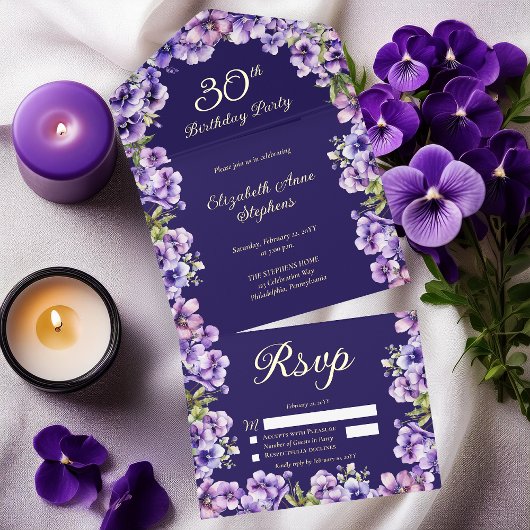 Elegant Purple Violets Floral 30th Birthday Party オールインワン招待状
