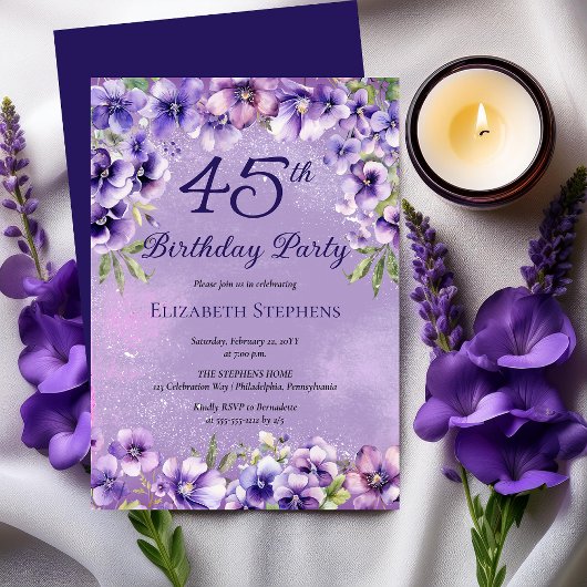 Elegant Purple Violets Floral 45th Birthday Party  招待状