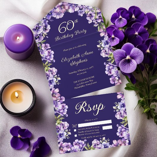 Elegant Purple Violets Floral 60th Birthday Party オールインワン招待状