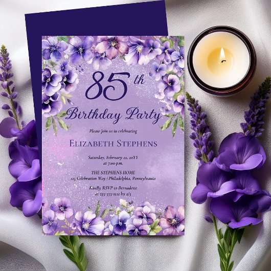 Elegant Purple Violets Floral 85th Birthday Party  招待状
