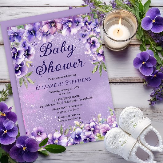 Elegant Purple Violets Floral Baby Shower 招待状