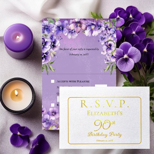 Elegant Purple Violets Floral Birthday Party RSVP 箔カード