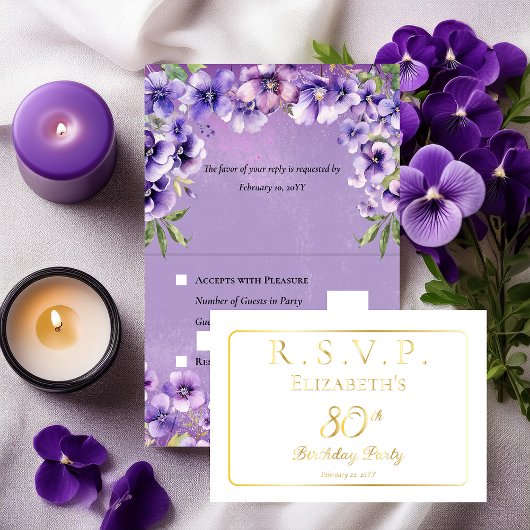 Elegant Purple Violets Floral Birthday Party RSVP 箔カード
