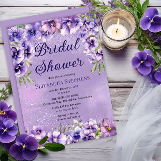 Elegant Purple Violets Floral Bridal Shower 招待状