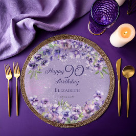 Elegant Purple Violets Floral Happy 90th Birthday ペーパープレート