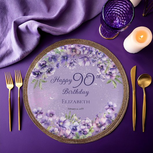 Elegant Purple Violets Floral Happy 90th Birthday ペーパープレート