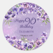 Elegant Purple Violets Floral Happy 90th Birthday ラウンドシール (正面)