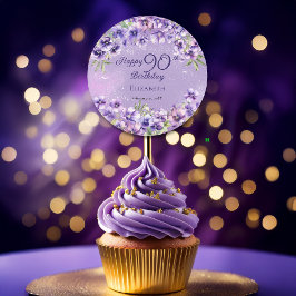 Elegant Purple Violets Floral Happy 90th Birthday ラウンドシール