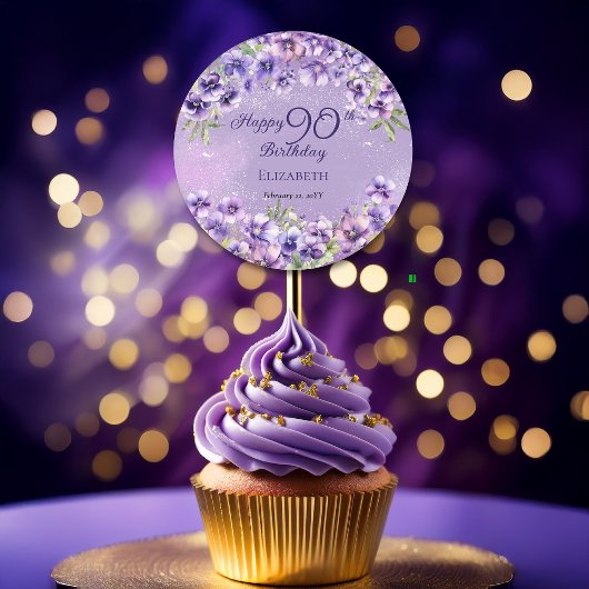 Elegant Purple Violets Floral Happy 90th Birthday ラウンドシール
