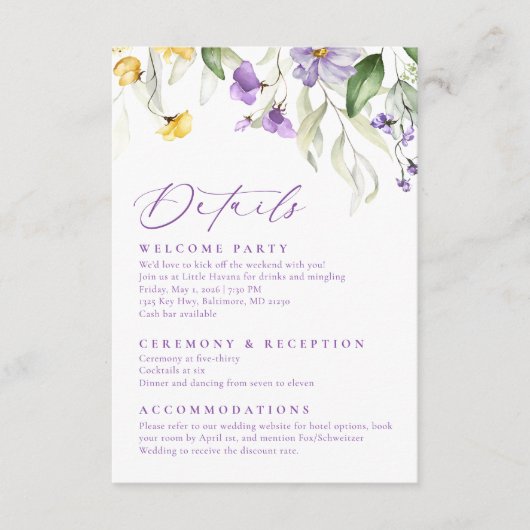 Elegant Purple Watercolor Floral Wedding エンクロージャーカード (正面)