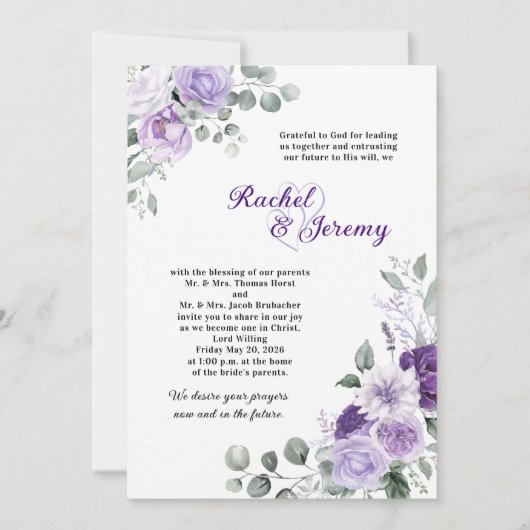 Elegant Purple Watercolor Floral Wedding 招待状 (正面)