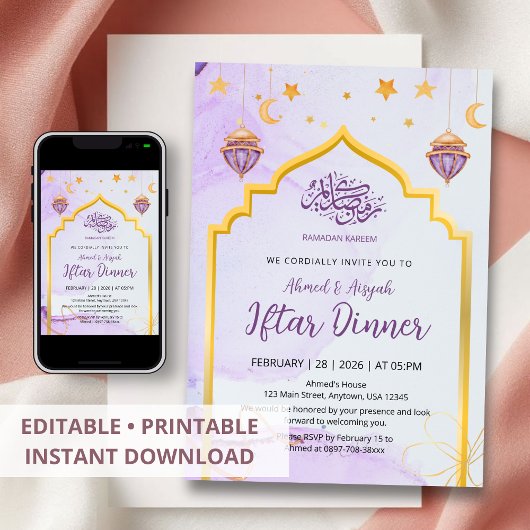 Elegant Purple Watercolor Gold Arch Iftar Party 招待状