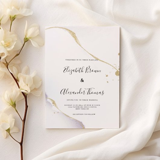 Elegant purple watercolor gold glitter wedding  招待状