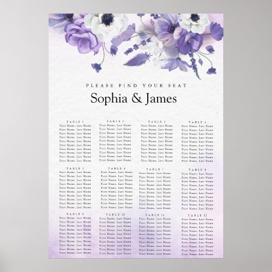 Elegant Purple Watercolor wedding seating chart  ポスター (正面)