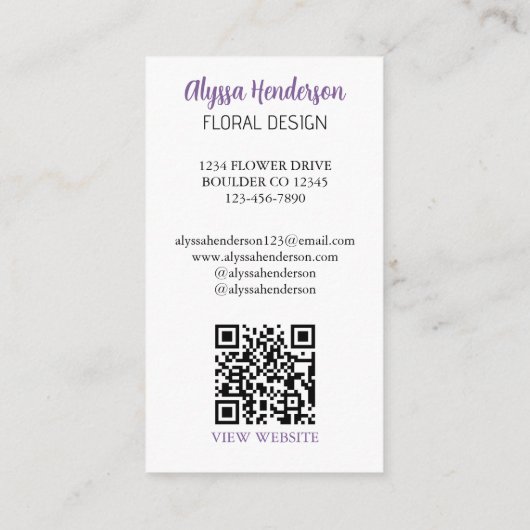 Elegant Purple & White Floral QR Code Florist 名刺 (裏面)