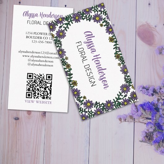 Elegant Purple & White Floral QR Code Florist 名刺