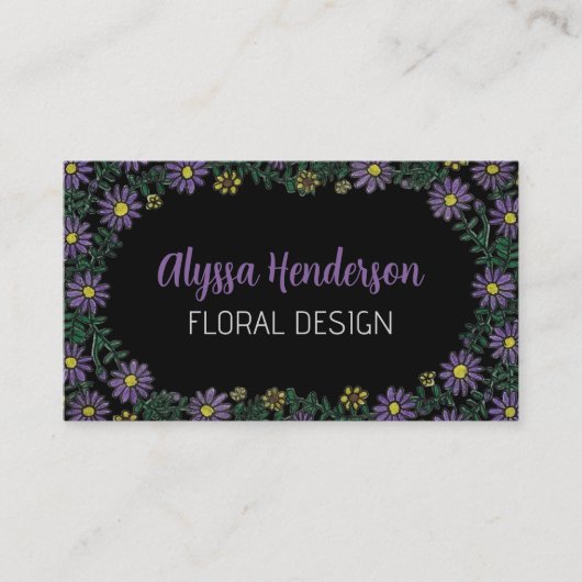 Elegant Purple & Yellow Floral QR Code Florist 名刺 (正面)
